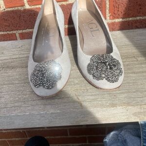 Agl Gray Suede Kitten Heels with Dark silver Embellishments